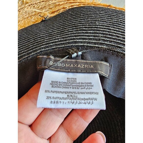 BCBGMAXAZRIA Black & Natural Frayed Brim Sun Hat 80% Paper 20% Raffia Womens - Picture 2 of 7